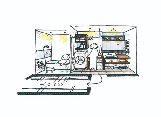 洗面と作業カウンターが一体型になった効率的な家事動線