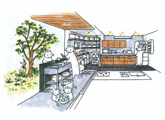 吹き抜けリビングとお庭をつなぐプライベート軒下テラス空間