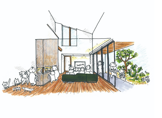 外用キッチン付きの広々とした軒下テラスでBBQを楽しむ様子